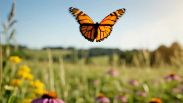 Monarch butterfly taking flight from a purple coneflower in a field of wildflowers under a bright blue sky.