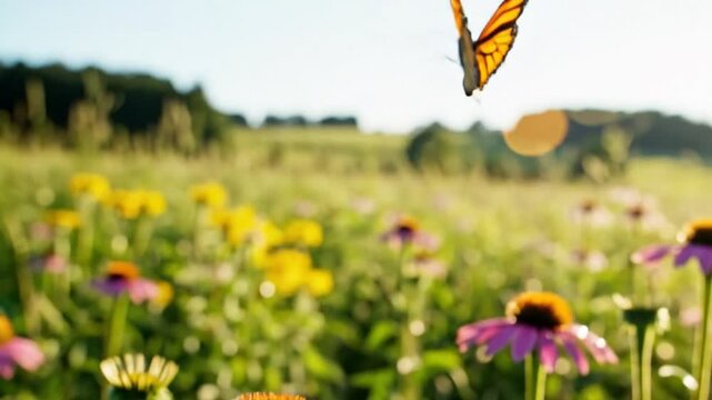 Monarch butterfly takes flight from a purple coneflower in a sunny meadow during summertime