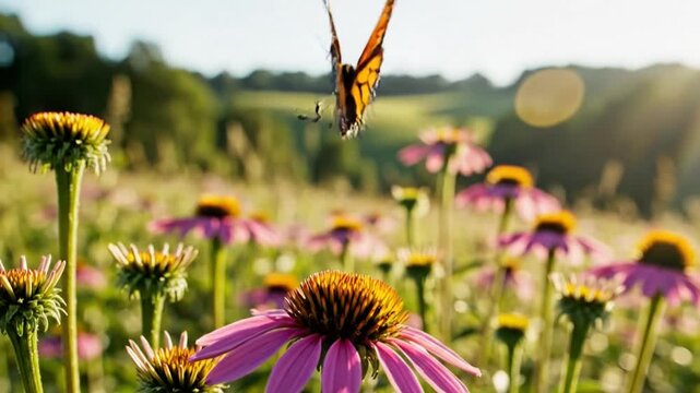 Monarch butterfly takes flight from a pink coneflower in a field on a sunny day with a blurred background