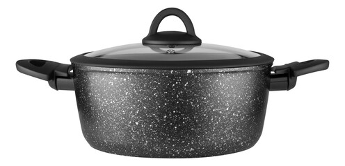 Non-stick granite coating cooking pot with glass lid isolated 