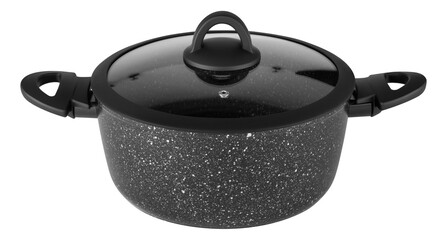 Non-stick granite coating cooking pot with glass lid isolated 