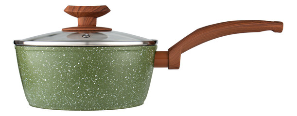 Green Speckled Saucepan with Wooden Style Handle and Glass Lid