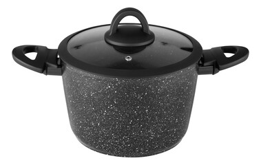 Non-stick granite coating cooking pot with glass lid isolated 