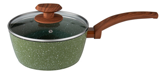 Green Speckled Saucepan with Wooden Style Handle and Glass Lid
