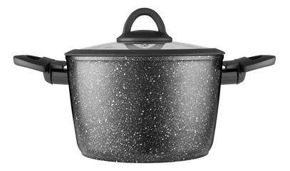 Non-stick granite coating cooking pot with glass lid isolated 
