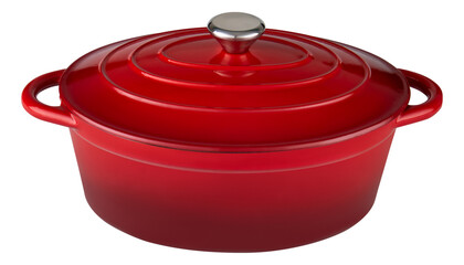 Red enameled cast iron dutch oven pot with lid isolated on transparent background.