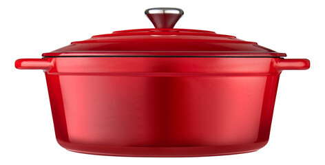 Red enameled cast iron dutch oven pot with lid isolated on transparent background.