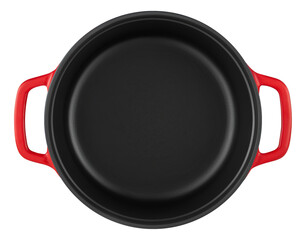 Red enameled cast iron dutch oven pot on transparent background, top view.