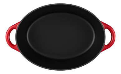 Red enameled cast iron dutch oven pot on transparent background, top view.