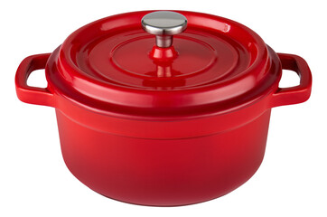 Red enameled cast iron dutch oven pot with lid isolated on transparent background.