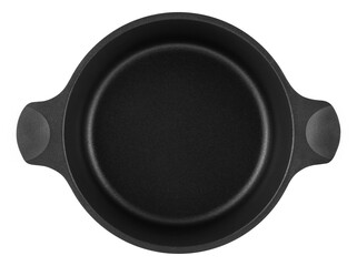 Top View of Empty Black Non-Stick Casserole Pot Isolated on White