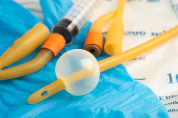 Foley urinary catheter with urine bag for disability or patient in hospital.