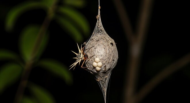 Thorny spider guarding its egg sac in a tropical forest.
