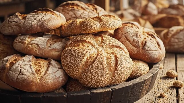 Close-up of assorted artisan breads in a rustic wooden basket, ready to enjoy for breakfast