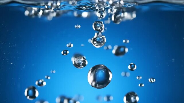 Water drop falling into clear blue water creating splashes and bubbles.