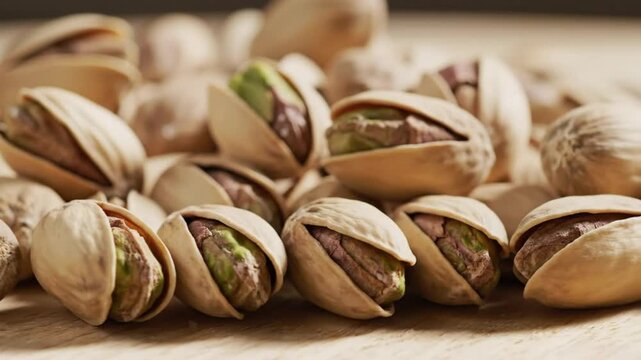 Close-up shot of a pile of pistachios, showcasing their textured shells and vibrant green kernels on a wooden surface.