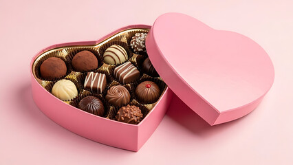 A heart-shaped pink box filled with assorted chocolates. The box is open, revealing various chocolate truffles and confections inside. Perfect for Valentine's Day gifting.