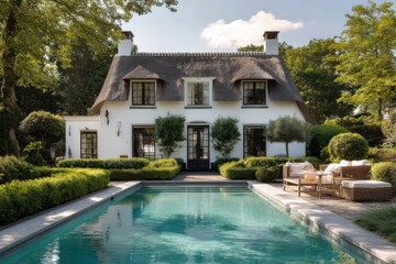This delightful house features a picturesque thatched roof and an inviting swimming pool, all beautifully set amidst carefully manicured gardens, basking in the warmth of a sunny day