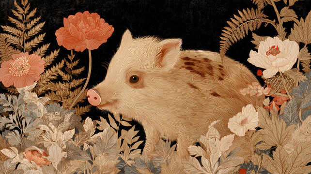 草花に囲まれたウリボウの装飾画