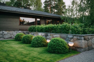 Fototapeta premium Modern house with stone wall and landscaped garden at dusk, featuring round bushes and soft outdoor lighting in a serene residential area