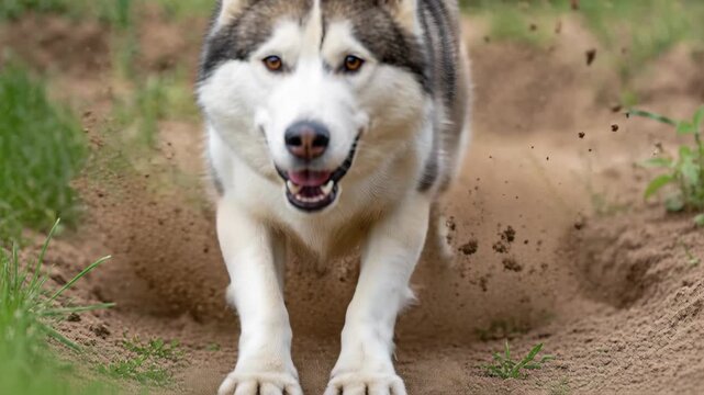A husky dog is seen running and jumping out of a hole in the ground, kicking up dirt.