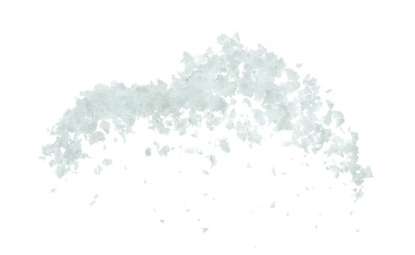 Salt rock flower fly explosion, white Salt rock flower explode abstract cloud fly. Big size ground salt splash in air, food object element design. White background isolated high speed freeze motion