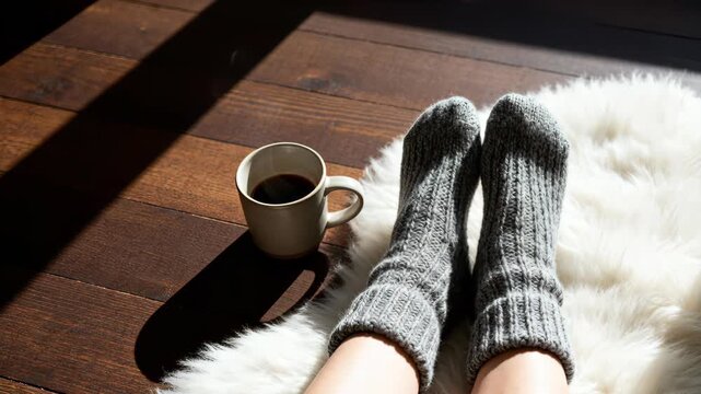 Cozy scene with legs in gray knitted socks on a fluffy rug, next to a cup of coffee on wooden floor in sunlight