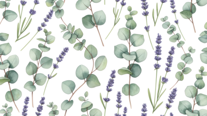 Watercolor lavender and eucalyptus seamless pattern. Aromatherapy herbal background for soap packaging.
