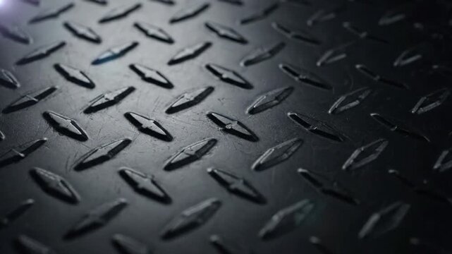 Close-up of a Textured Black Metal Diamond Plate Floor Surface, Durable and Industrial