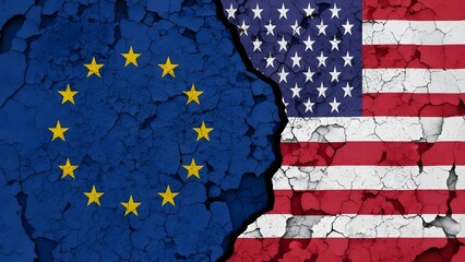 Cracked wall with European Union and United States flags symbolizing division and strained relations between the two entities.