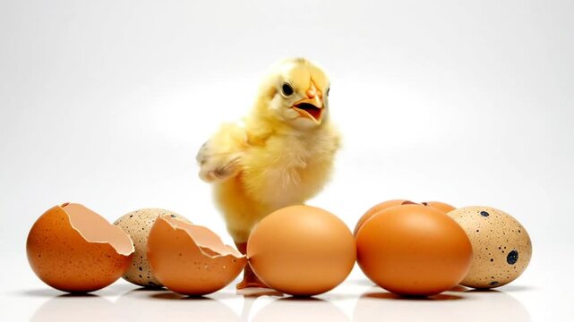 Baby chick looks at eggs, surrounded by cracked shells and whole eggs, with a white background