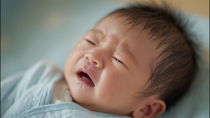 赤ちゃんが青い産着で大きく泣く