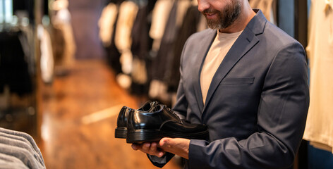 Leather footwear. Man in trendy store hold classic shoe. Shoe store. Business man choose elegant footwear in shoes store. Classic leather shoes for formal look. Formal shoe, copy space