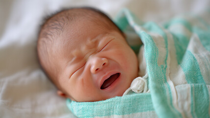 赤ちゃんが緑の包みで泣いている