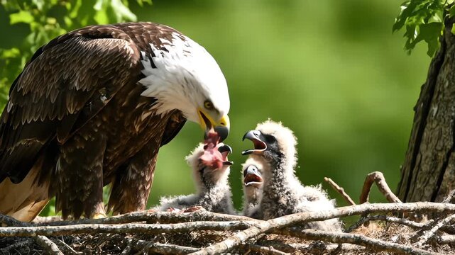 A majestic Bald Eagle parent tenderly feeds pieces of raw meat to three hungry, fluffy eaglets in their nest, a powerful and nurturing wildlife moment