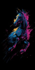 A vibrant horse silhouette, rendered in colorful paint strokes against a black background