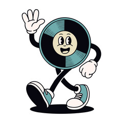 Retro Vinyl Record Mascot Waving and Walking