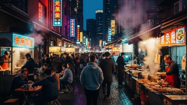 Vibrant street food market at night with people dining and walking amidst neon signs and steaming food stalls in an urban setting. Perfect for travel brochures, food blogs, and city life
