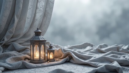 Obraz premium Two illuminated antique style lanterns rest upon draped fabric beside a window with a bright, cloudy background