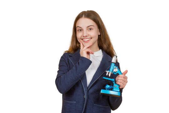 Student of biology. Back to school. Teen girl with microscope isolated on white. Biology science for schoolgirl. Microscope research. Microscope work. School biology girl hold microscope - Powered by Adobe