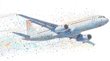 多色の点で表す旅客機の横姿イラスト