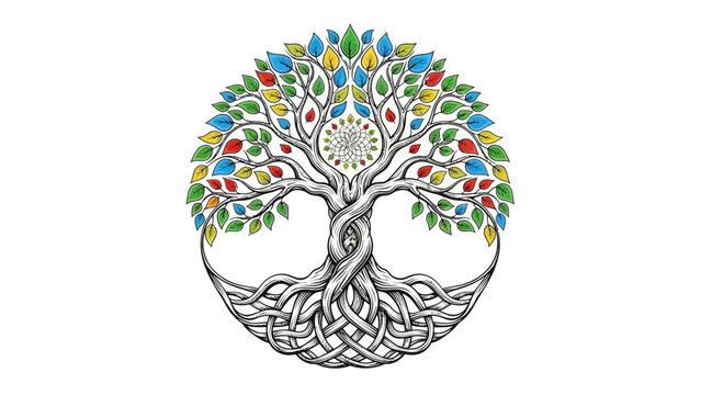 A vibrant tree with colorful leaves and intertwined roots, symbolizing growth and unity, in a circular illustration, viewed from directly above.