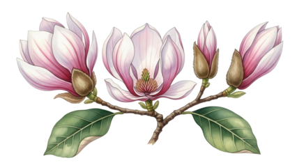 Watercolor magnolia flower branch isolated on white background. Realistic botanical blooming tree element for spa branding.