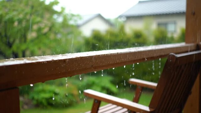 Rain falling on wooden deck railing with chair and greenery creating a peaceful outdoor scene