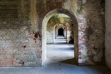 Fototapeta premium Old brick barracks with arches in the fifth fort of the Brest Fortress, Belarus