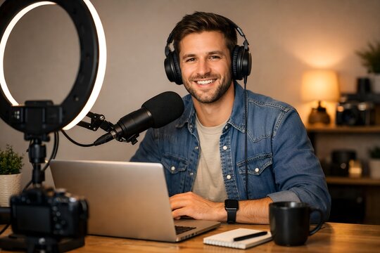 Content creator filming video to earn online