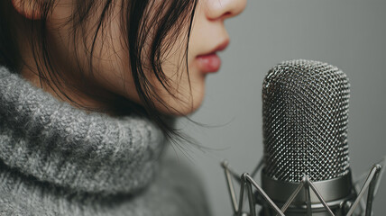 女性がスタジオのマイクへ静かに語りかける