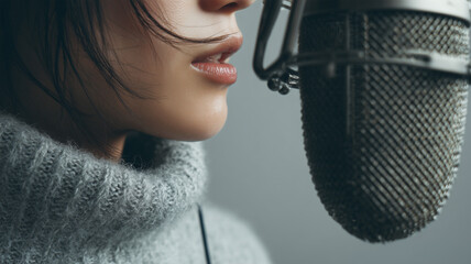 女性がスタジオのマイクへ静かに語りかける