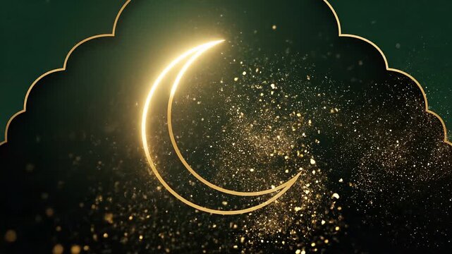 Decorative crescent moon on ornate green background ideal for spiritual or festive themes