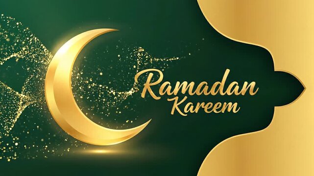 Decorative crescent moon and arch design in gold and green with abstract shapes for cultural or artistic themes